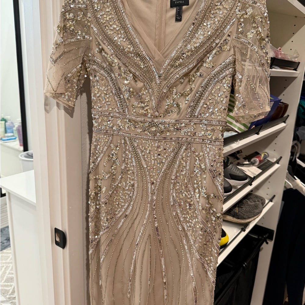 Adrianna Papell Sequin Embellished Midi Dress in Gold and Cream